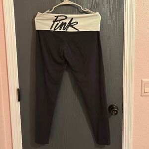 PINK yoga pants, sequins on the letters, cursive writing on bum